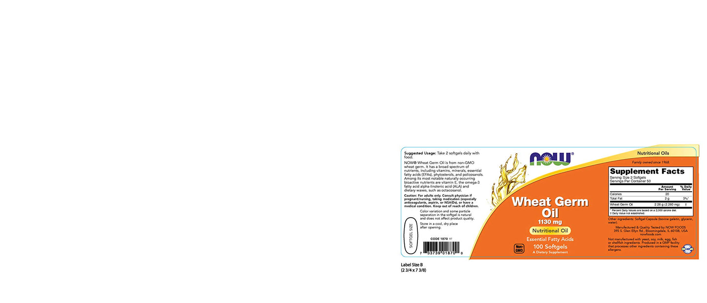 NOW Foods Wheat Germ Oil Softgels, 200 Softgels