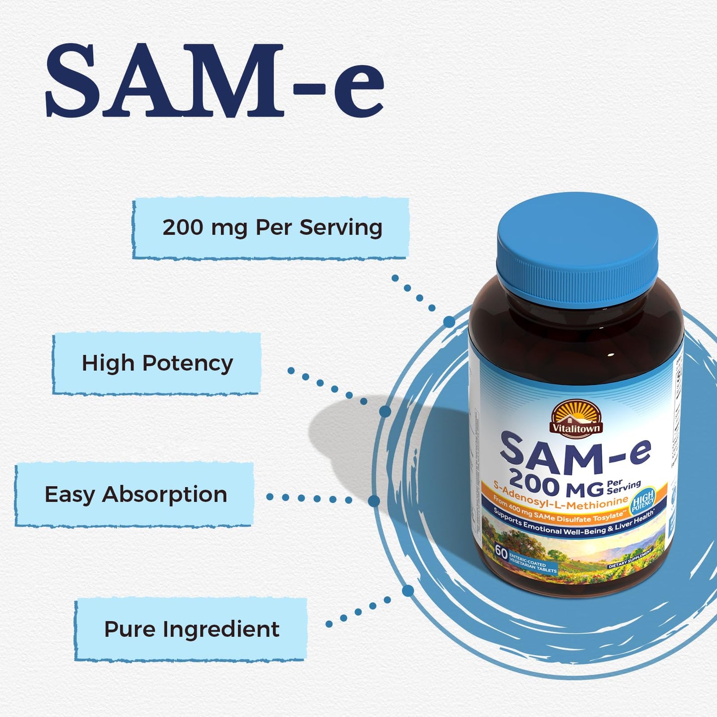 Vitalitown SAM-e (S-Adenosyl-L-Methionine) 200mg Capsules, 60 Count