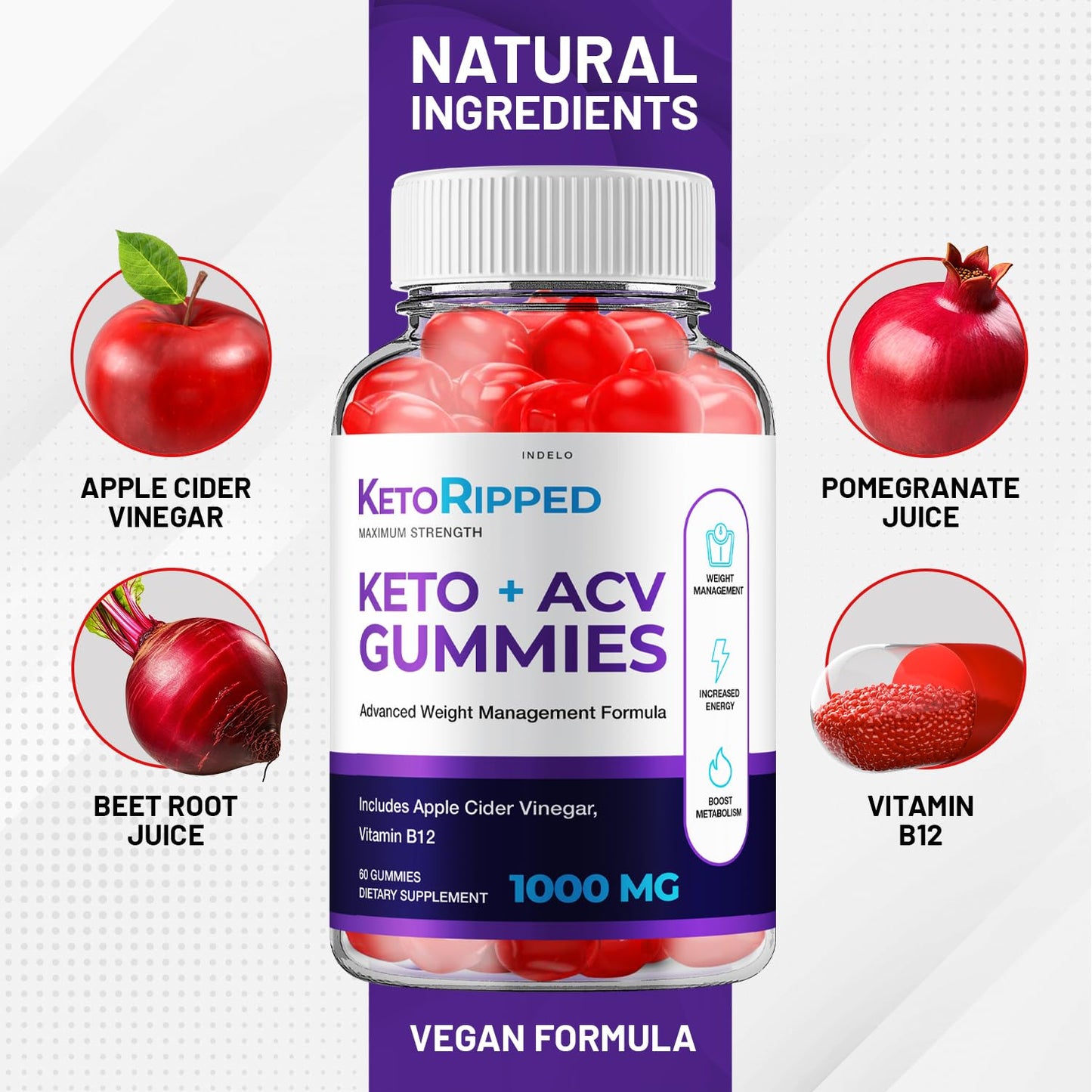 Indelo Keto Ripped ACV Gummies Extra Strength, 120 Gummies