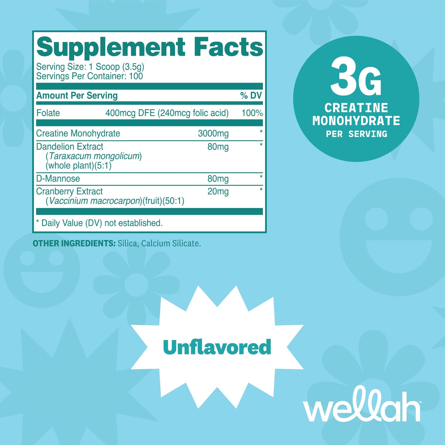 Wellah Creatine for Women - Creatine Monohydrate with Dandelion & Cranberry Extract Powder, 100 Servings