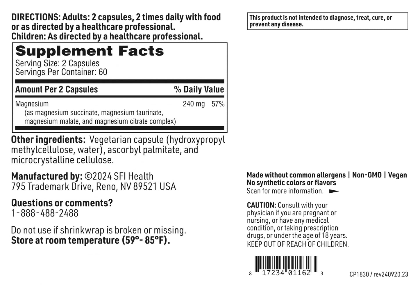 SFI Health Mag Complete Magnesium Complex Supplement with Bioavailable Magnesium Succinate, Taurinate, Malate & Citrate Capsules, 120 Count