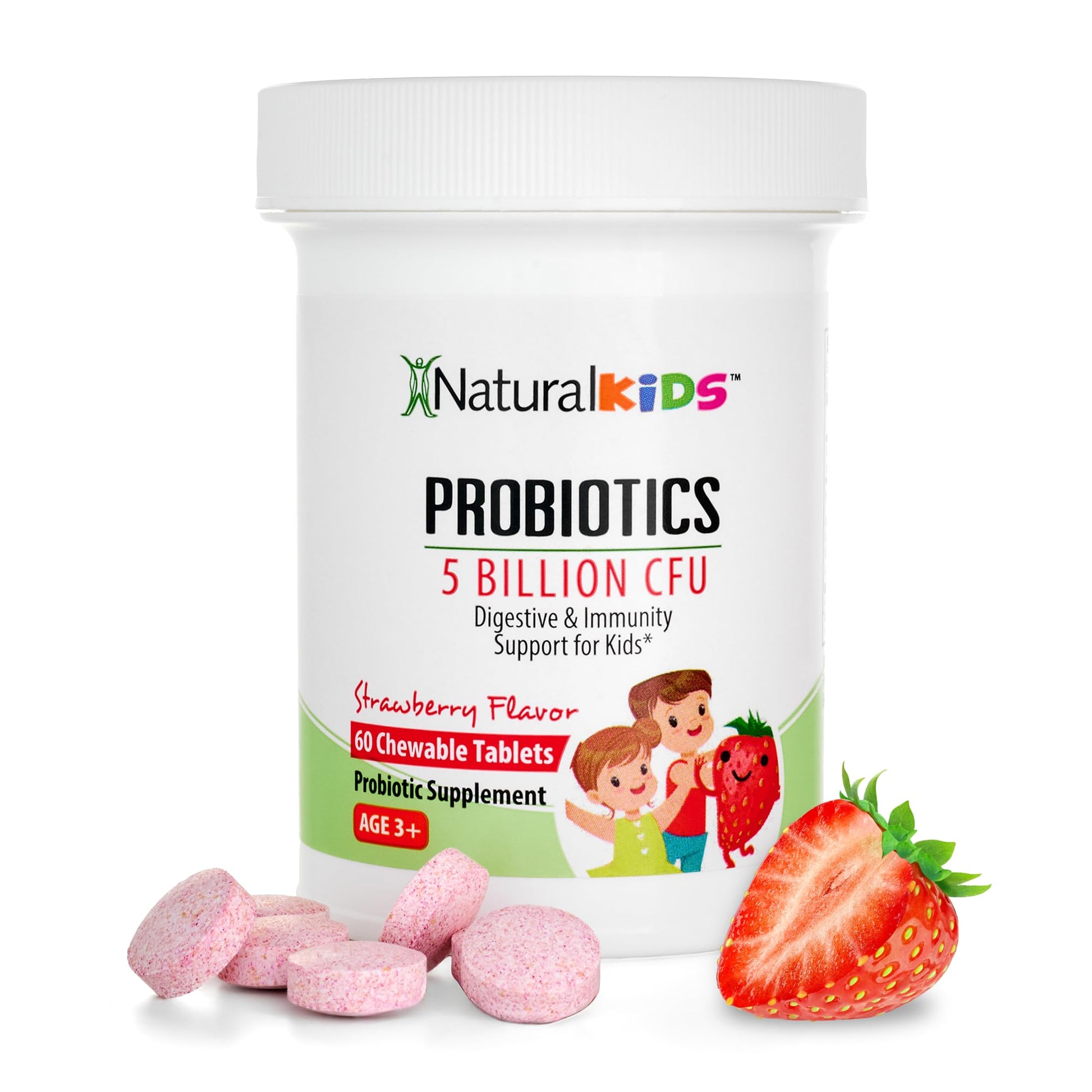 NaturalKids NaturalSlim Kids Probiotics for Digestive & Gut Health, Immune Support, 5 Billion CFU with LGG, BB-12 & 4 Probiotic Strains, 35 mg Calcium, for Children Ages 3+, Strawberry Flavor, 60 Chewable Tablets