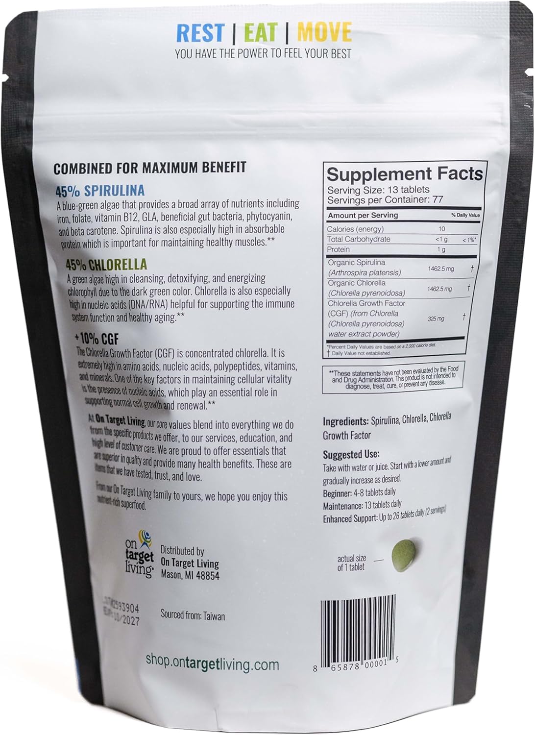 On Target Living Spirulina Chlorella + CGF Supergreen Tablets 1000 Count