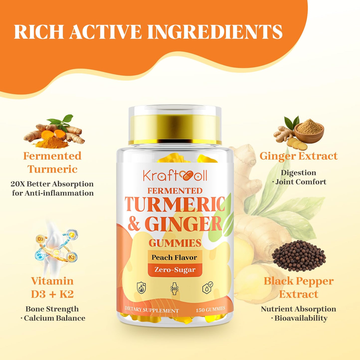 Kraftvoll Turmeric Curcumin with Ginger, Vegan Fermented Turmeric & Black Pepper, Joint Comfort & Mobility, Sugar-Free with Vitamin D3 + K2, Natural Peach Flavor 300 Gummies