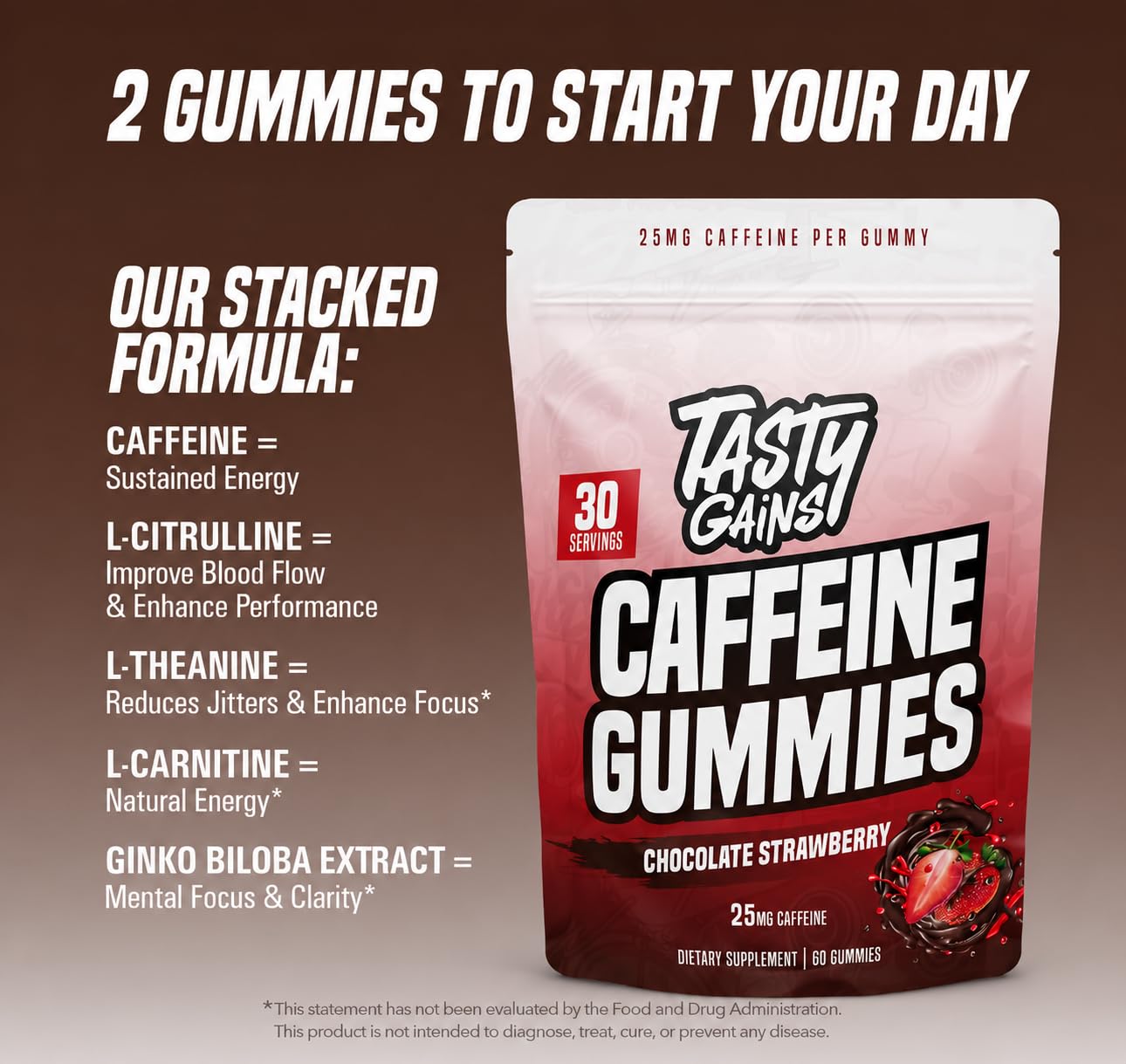 TASTY GAINS Caffeine Pre Workout Gummies, 25mg Caffeine Per Gummy, 60 Count
