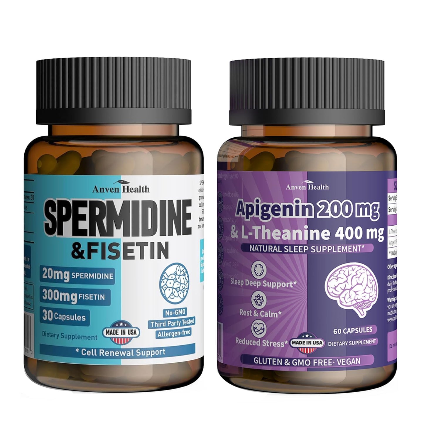 Anven Health Apigenin 200mg with L-Theanine 400mg + Spermidine 20mg & Fisetin 300mg Capsules, 61 Capsules