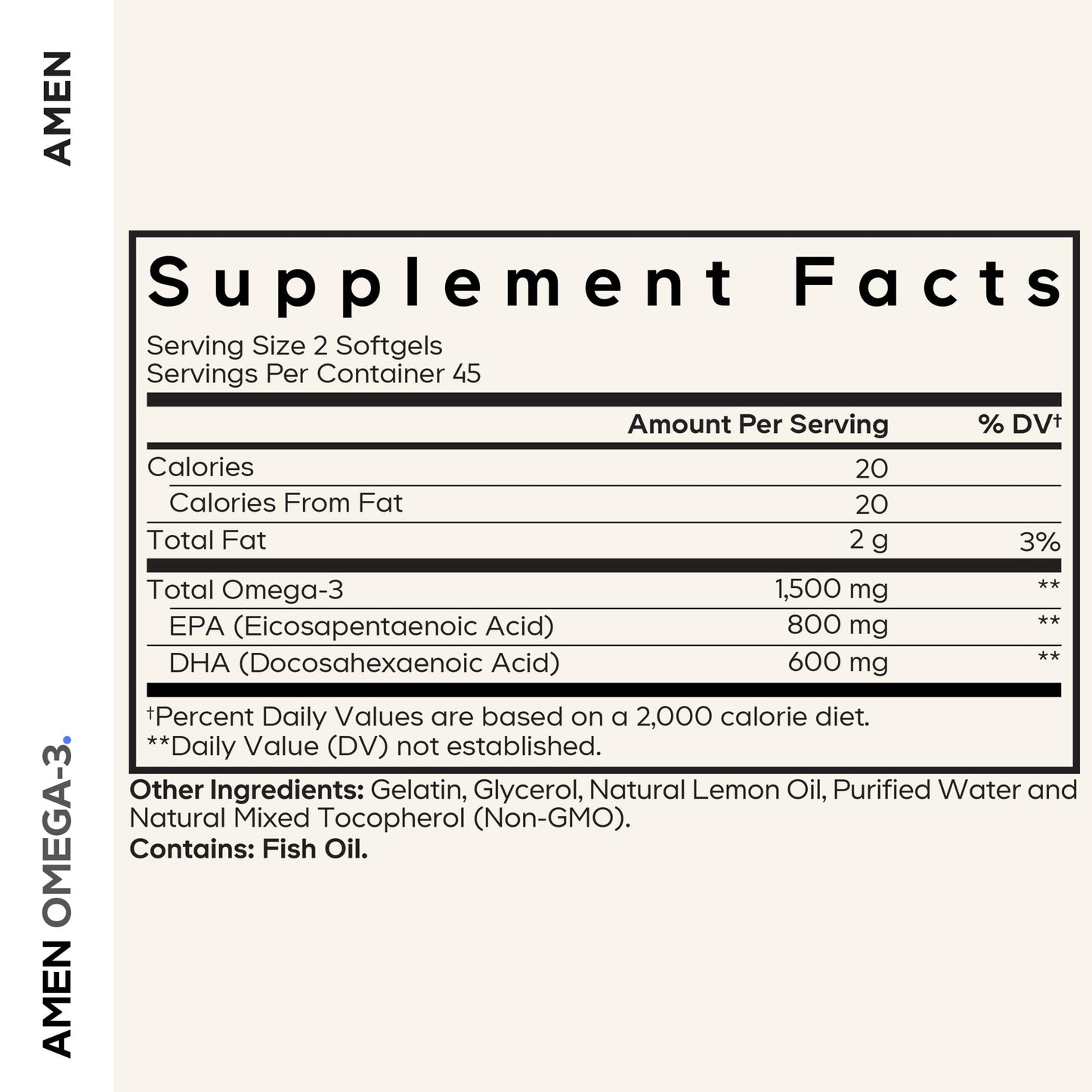 Amen Omega-3 Fish Oil 1500mg, EPA & DHA, High Potency, 90 Softgels