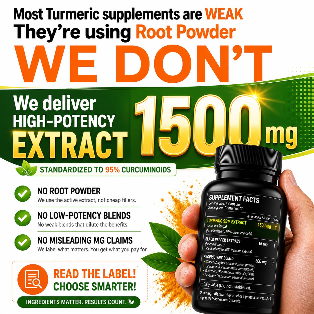 HCL Herbal Code Labs Turmeric Curcumin Extract 1500mg – Full Dose of 95% Curcuminoids with Black Pepper Ginger & Cinnamon – High Absorption Turmeric Supplement Capsules, 90 Count