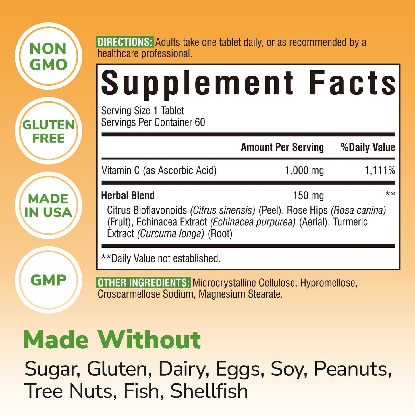 Vitalibre Vitamin C 1000mg with Citrus Bioflavonoids, Rose Hips, Echinacea & Turmeric, Immune Support, Antioxidant Protection, Collagen Production, 60 Tablets