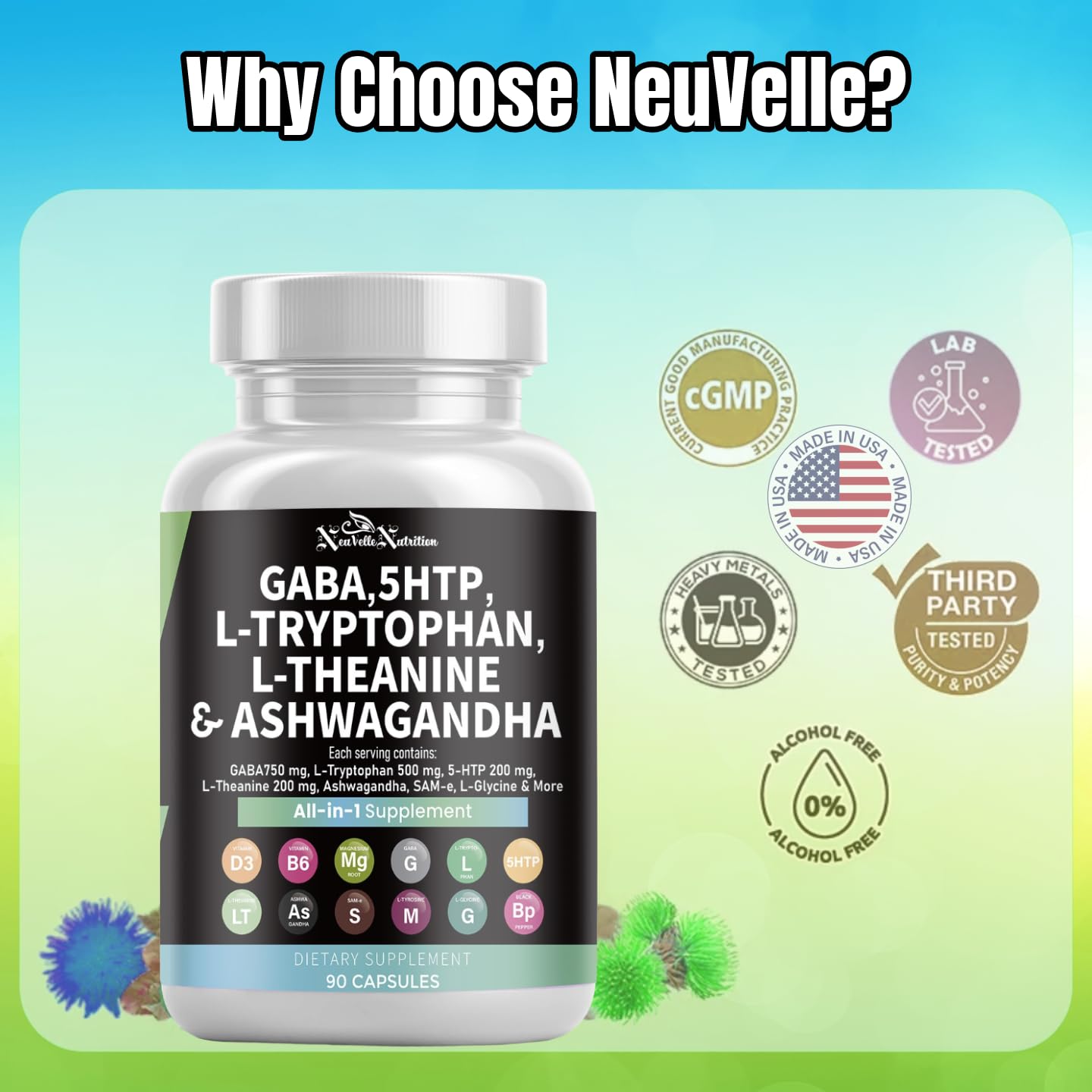 NeuVelleNutrition GABA Mood Support Capsules with 5-HTP, 90 Count