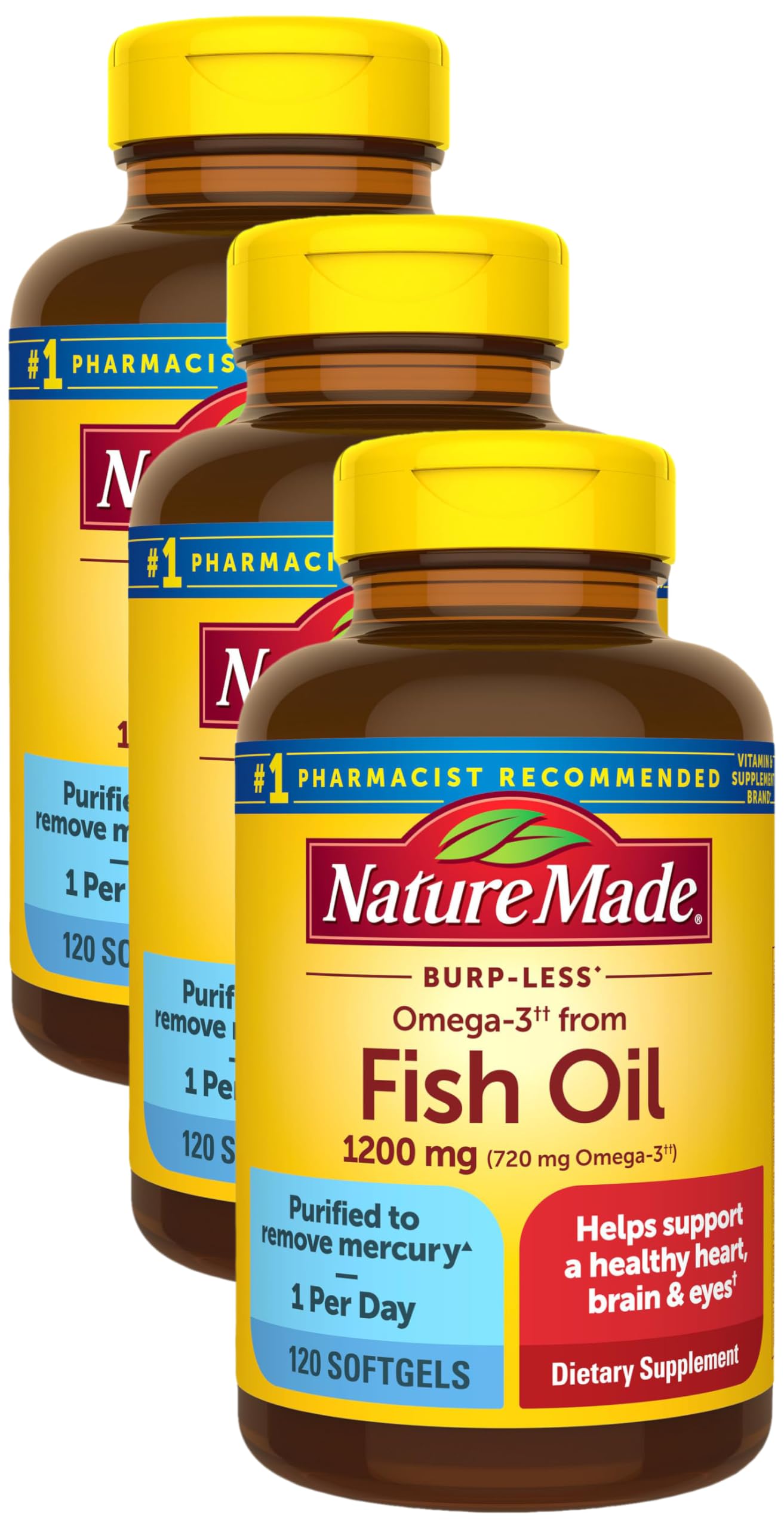 Nature Made Burp-Less Fish Oil 1200 mg One Per Day, 120 Softgels, Fish Oil Omega 3 Supplement for Heart Health (Pack of 3)