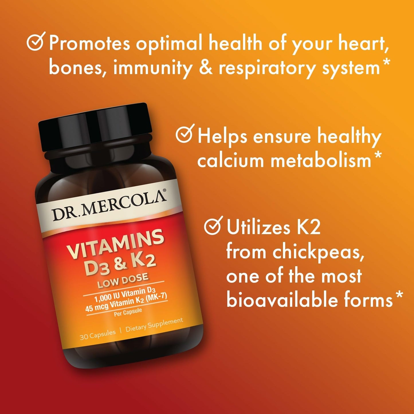 Dr. Mercola Vitamins D3 & K2 Low Dose Capsules, 30 Count