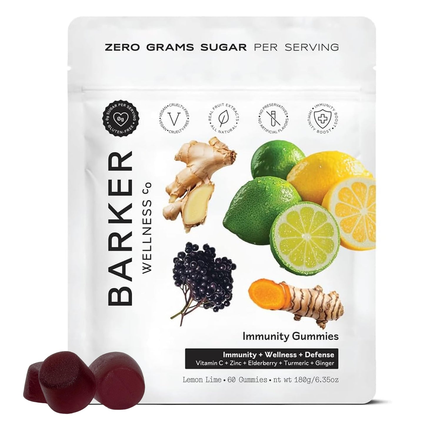 Barker Wellness Co Immunity Gummies with Vitamin C, Zinc, Elderberry, Turmeric & Ginger for Daily Immune Support, 60 Count