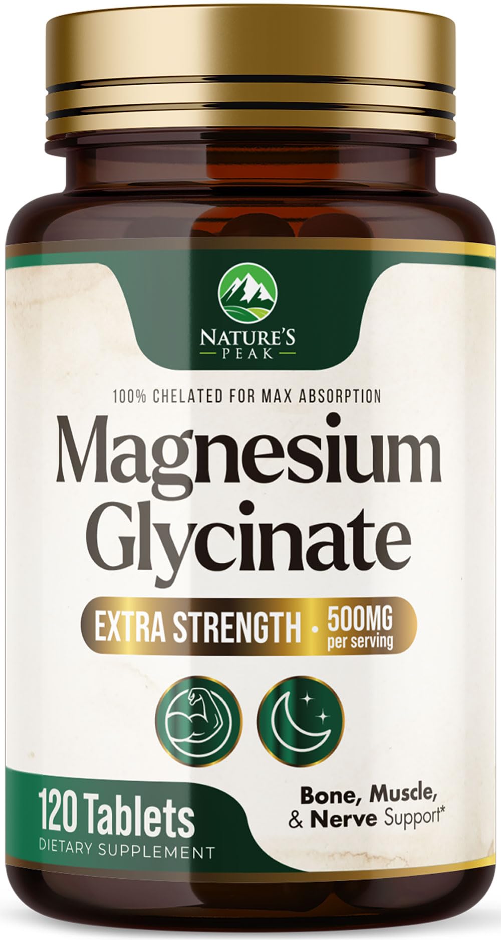 Nature's Peak Magnesium Glycinate 500mg Per Serving - Chelated Magnesium Supplement for High Absorption - Muscle, Bone & Heart Health Support - Easy on Stomach, Non-GMO, Vegan - 120 Tablets