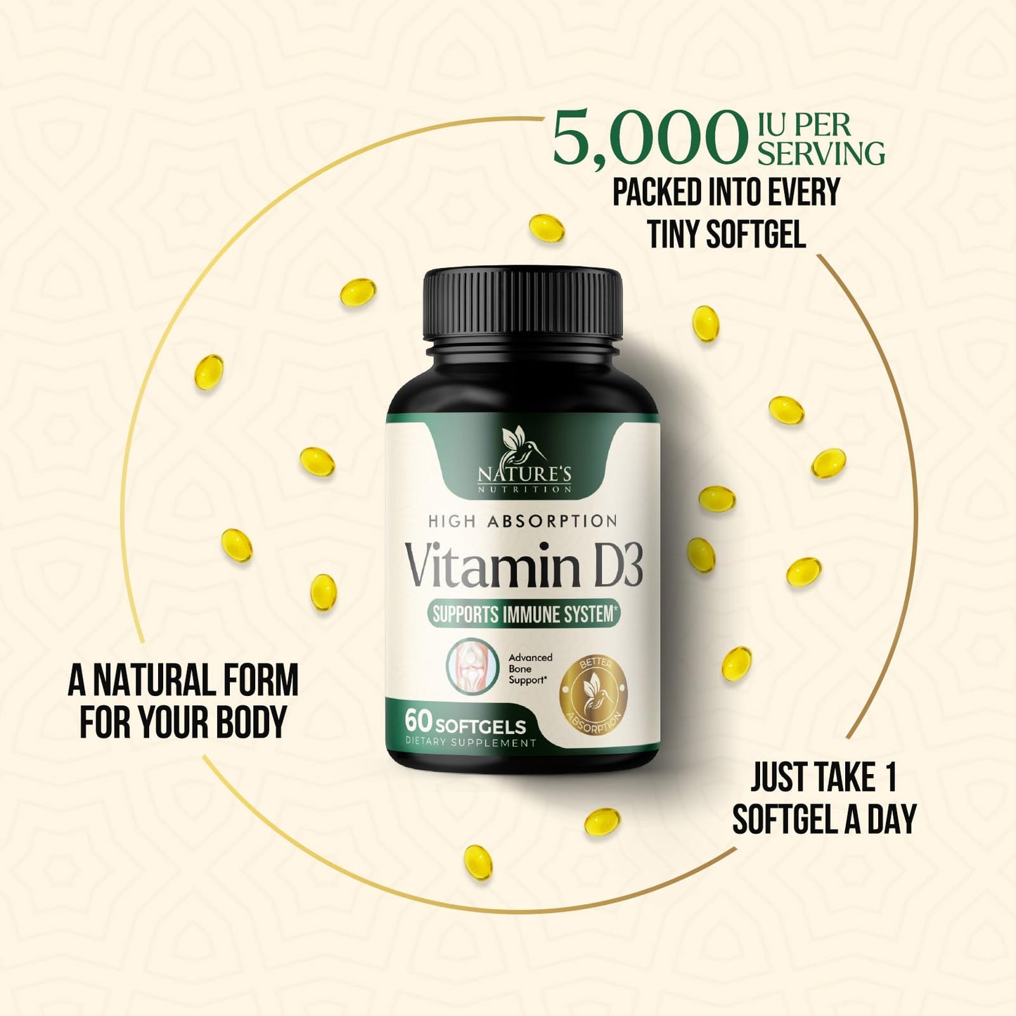 Nature's Nutrition Vitamin D3 5000iu (125mcg) Softgels, 60 Count