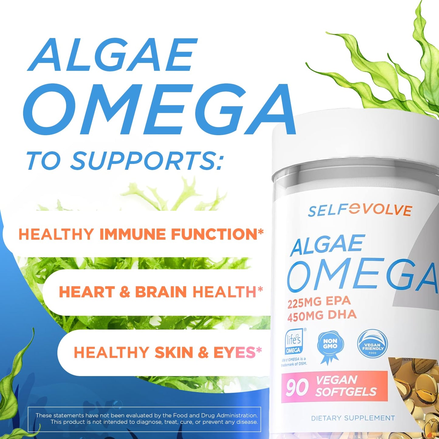 selfevolve Algae Omega 3 1,500mg - Vegan Supplement with Patented Life's Omega 3 - High Dose EPA & DHA - Better Than Fish Oil - Supports Heart, Brain, Joint Health - 90 Capsules