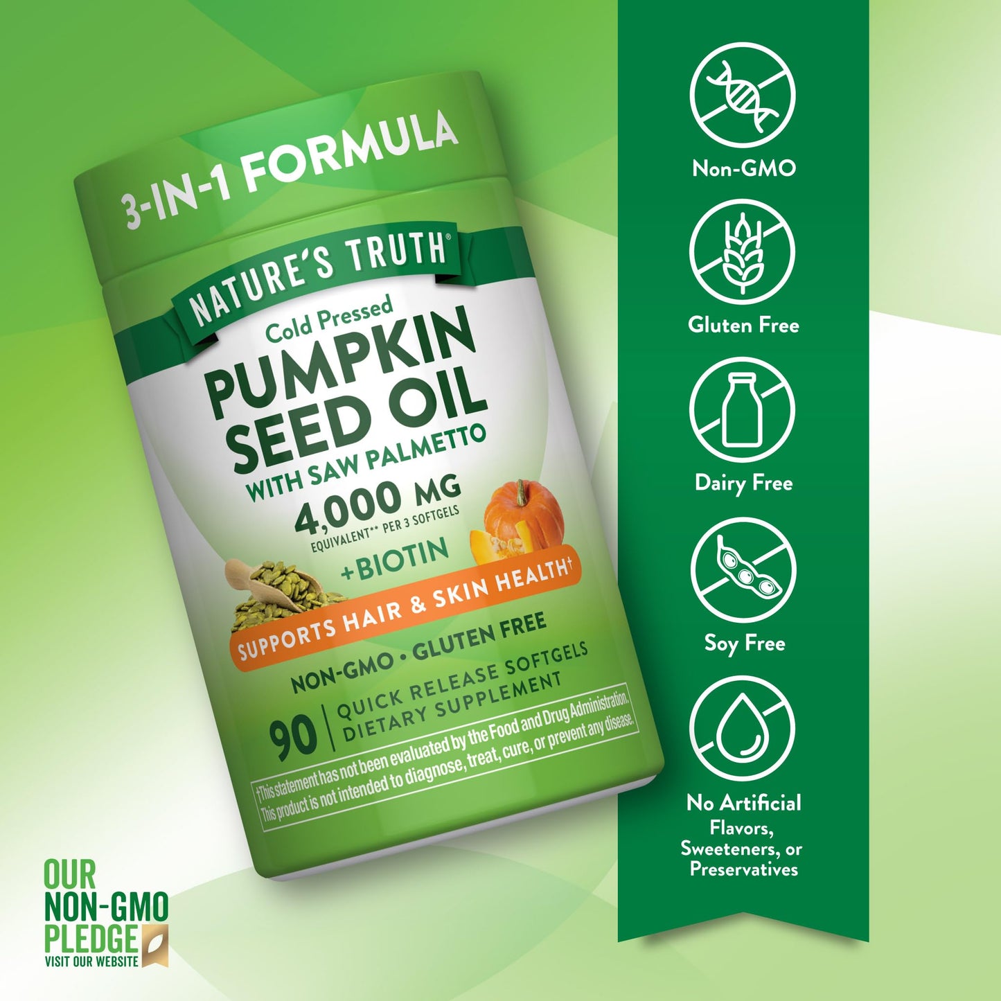 Nature's Truth Pumpkin Seed Oil Softgel 90 Count with Saw Palmetto & Biotin