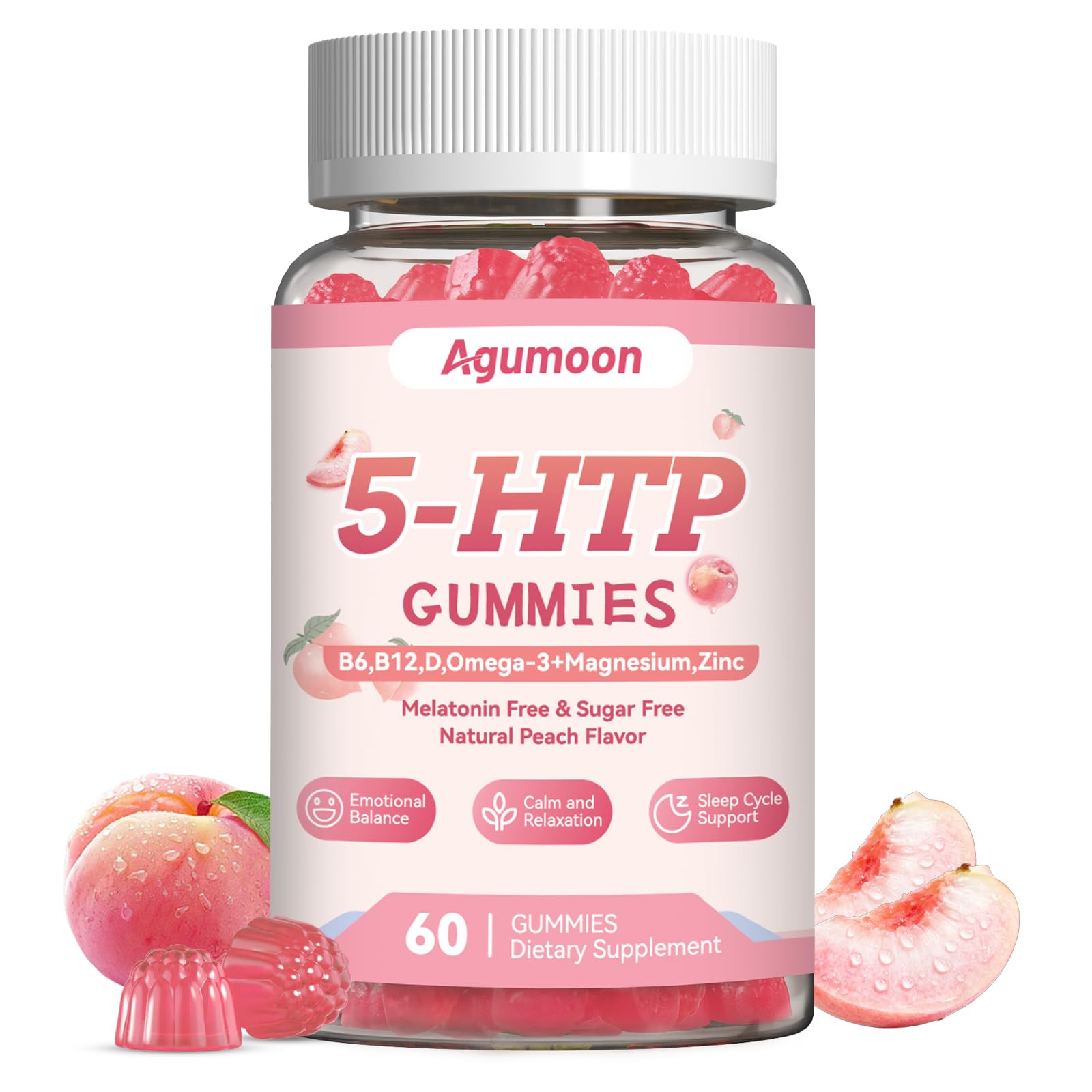 Agumoon 5-HTP Gummies with Vitamin D3, B6, B12, Zinc, Omega-3, Magnesium Glycinate, 60 Gummies