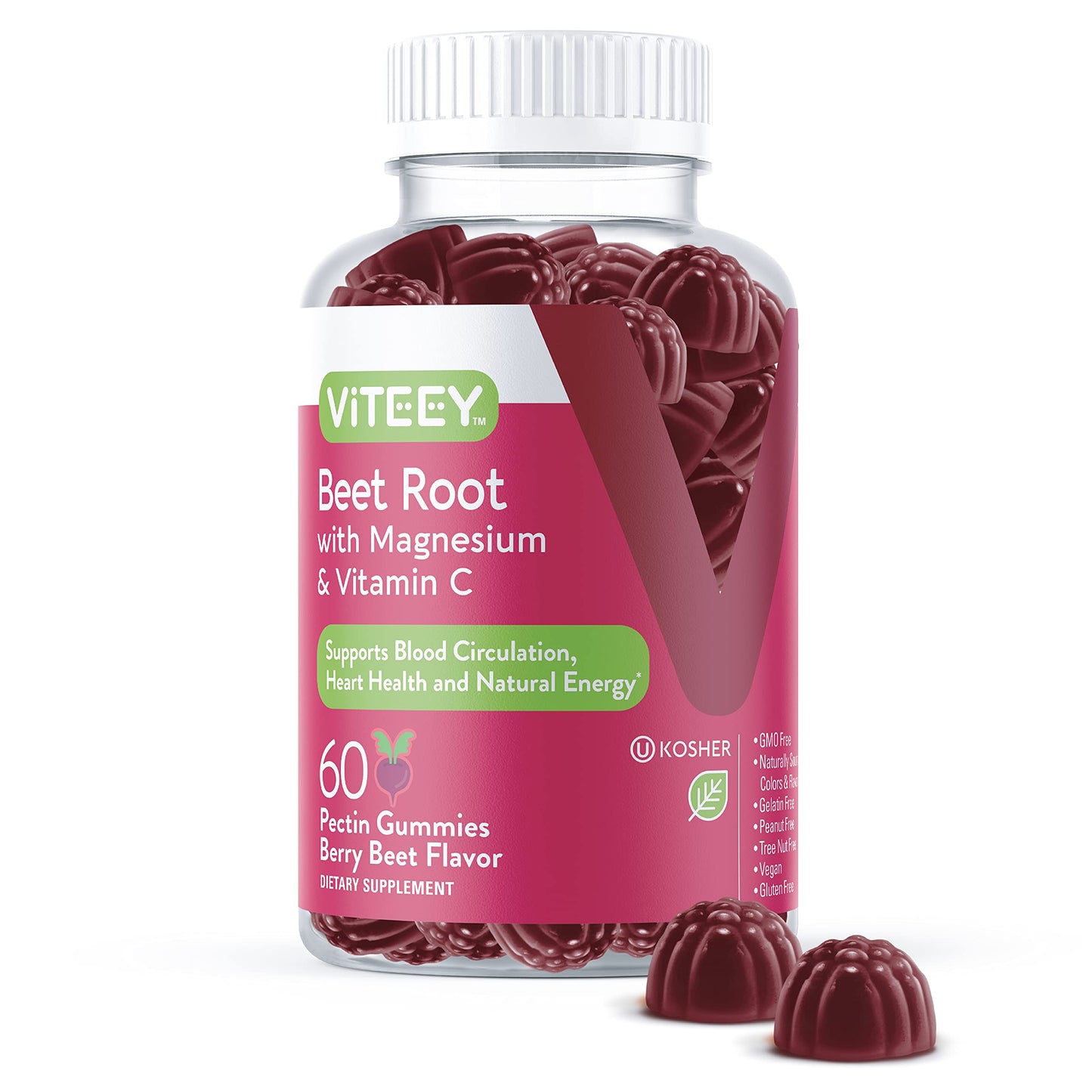 Viteey Beet Root Gummies with Magnesium & Vitamin C, 60 Gummies