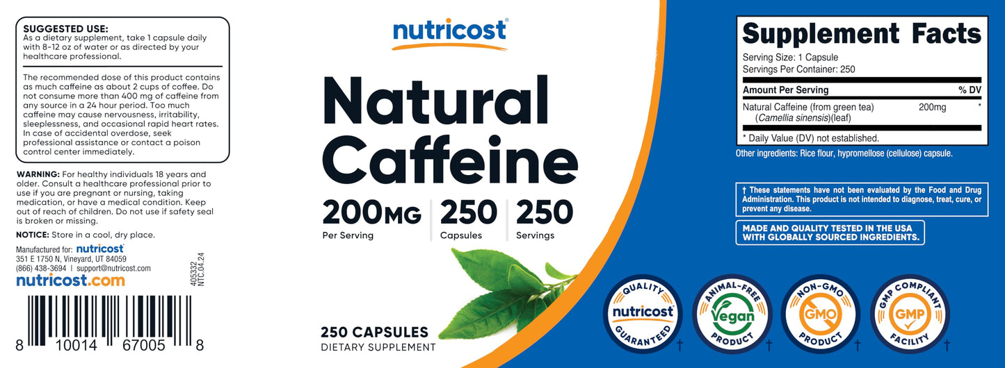 Nutricost Natural Caffeine 200mg Capsule 250 Count