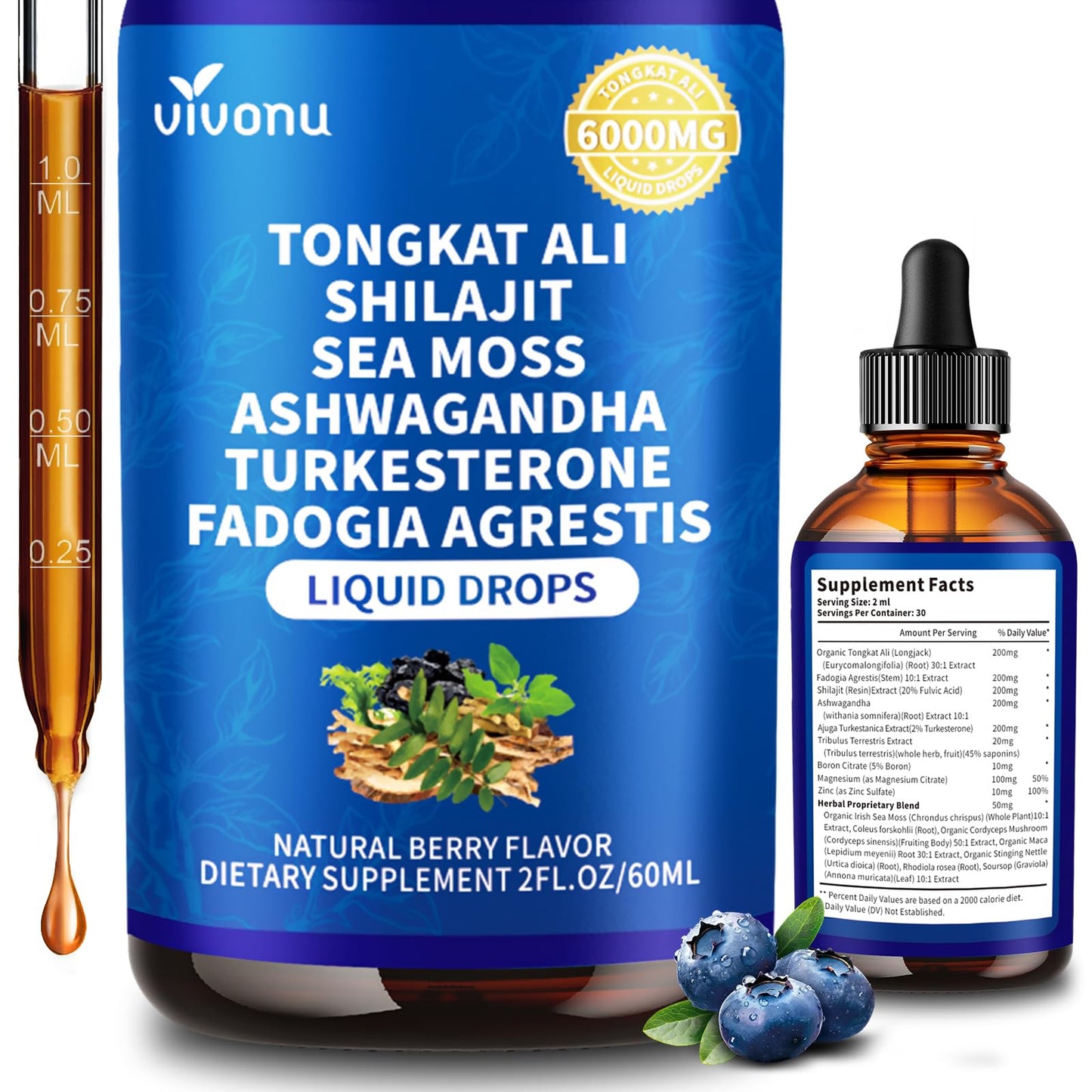 VivoNu Tongkat Ali Liquid Drops with Shilajit Softgel 1 Count