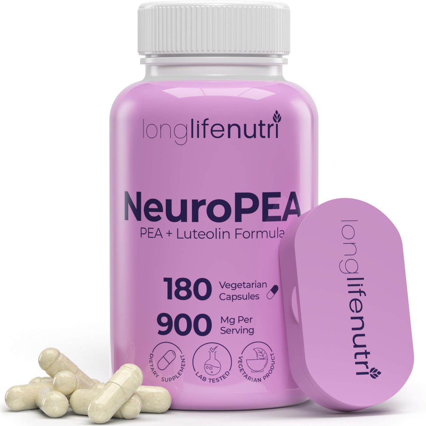 LongLifeNutri NeuroPEA (Palmitoylethanolamide + Luteolin 800mg/100mg) – Organic Supplement for Nerve Performance, 180 Vegetarian Capsules
