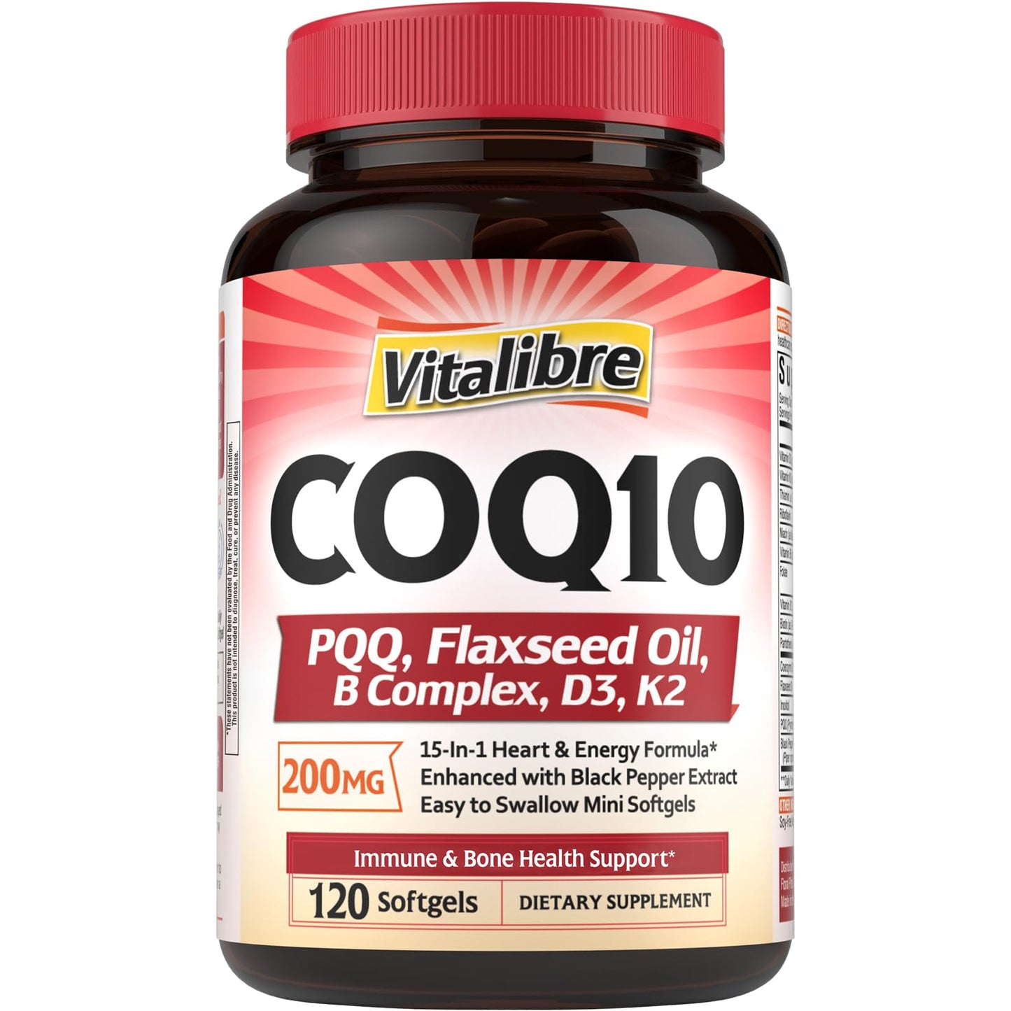 Vitalibre CoQ10 200mg, Ubiquinone with PQQ, Folate, Niacin, K2, D3, Black Pepper, High Absorption, Powerful Antioxidant, Energy Booster, Immune & Bone Support Softgels 120