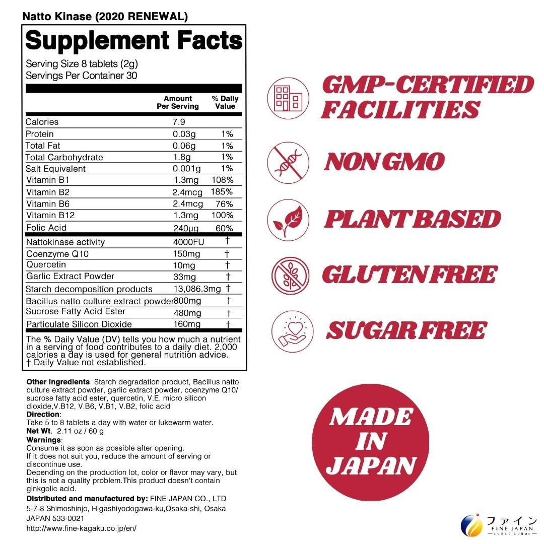 FINE JAPAN Nattokinase 4000FU Tablet, 240 Count