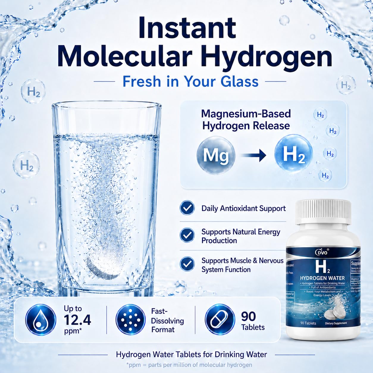 DVO 12 PPM H2 Hydrogen Water Tablets with Magnesium, Molecular H2 Supplement, Fast-Dissolving Tablets for Fresh Hydrogen-Rich Water, Daily Hydration, Energy & Antioxidant Support, 90 Tablets