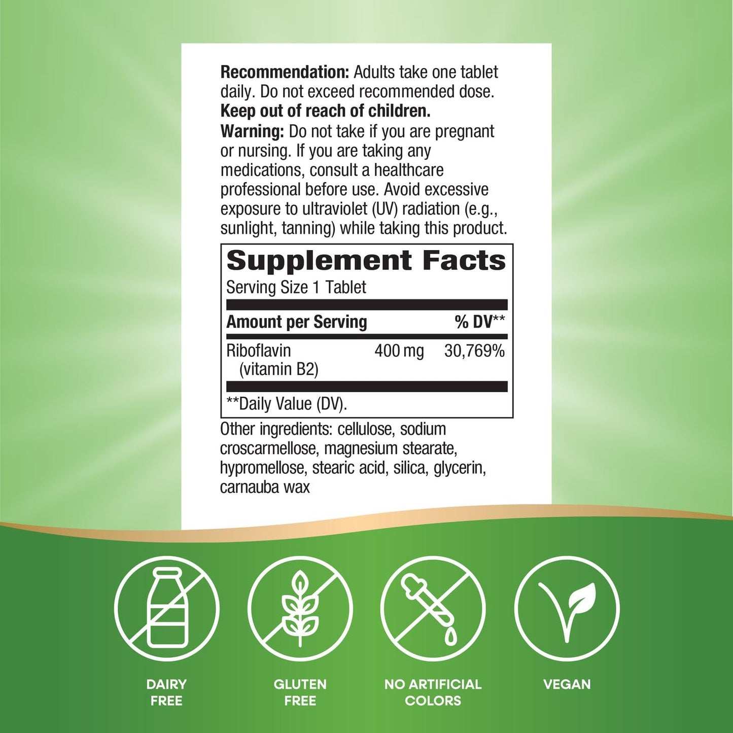 Nature's Way Riboflavin Vitamin B2 400 mg Tablet, 30 Tablets