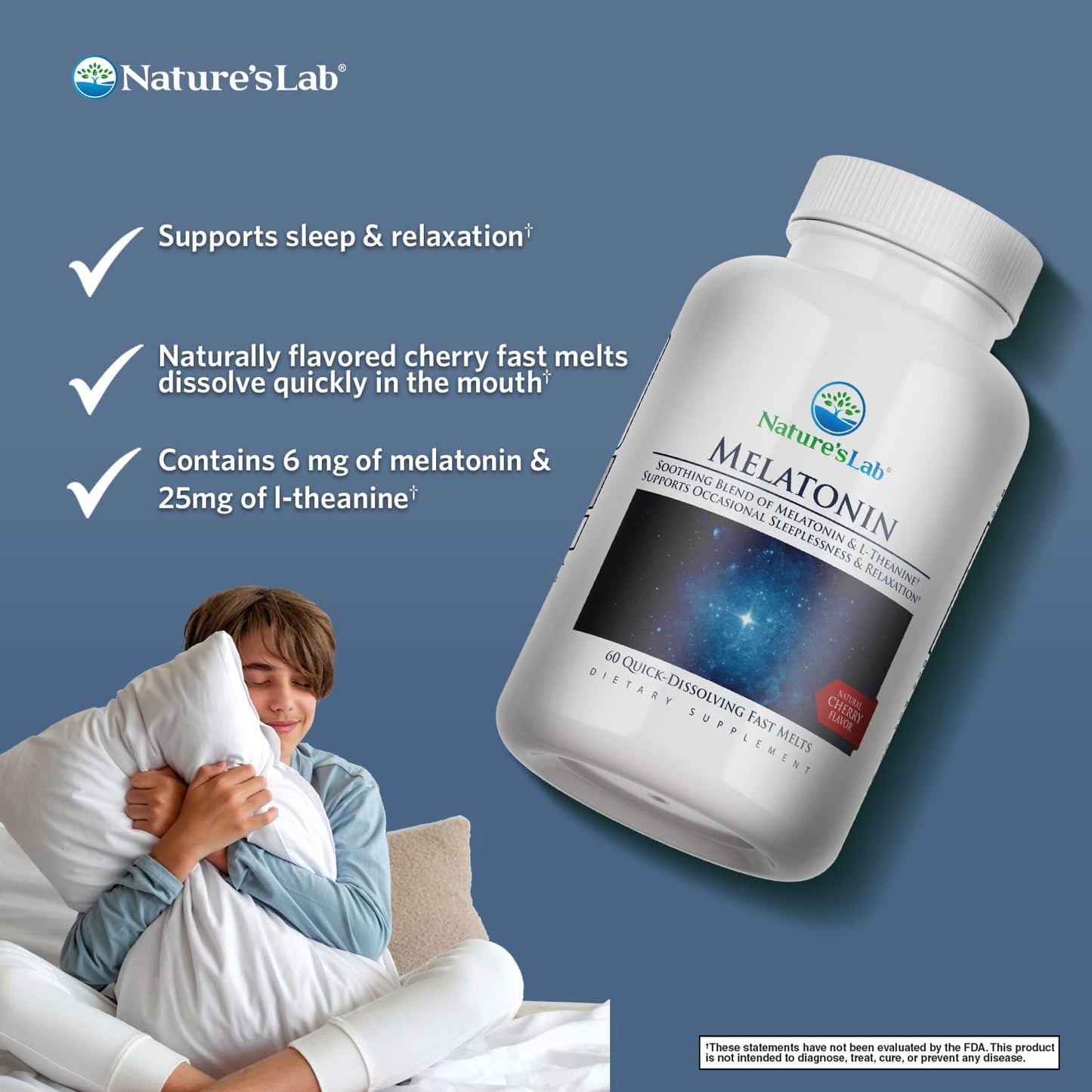Nature's Lab Fast Melt Melatonin Tablets - 25 mg L-Theanine + 6 mg Melatonin, 60 Count