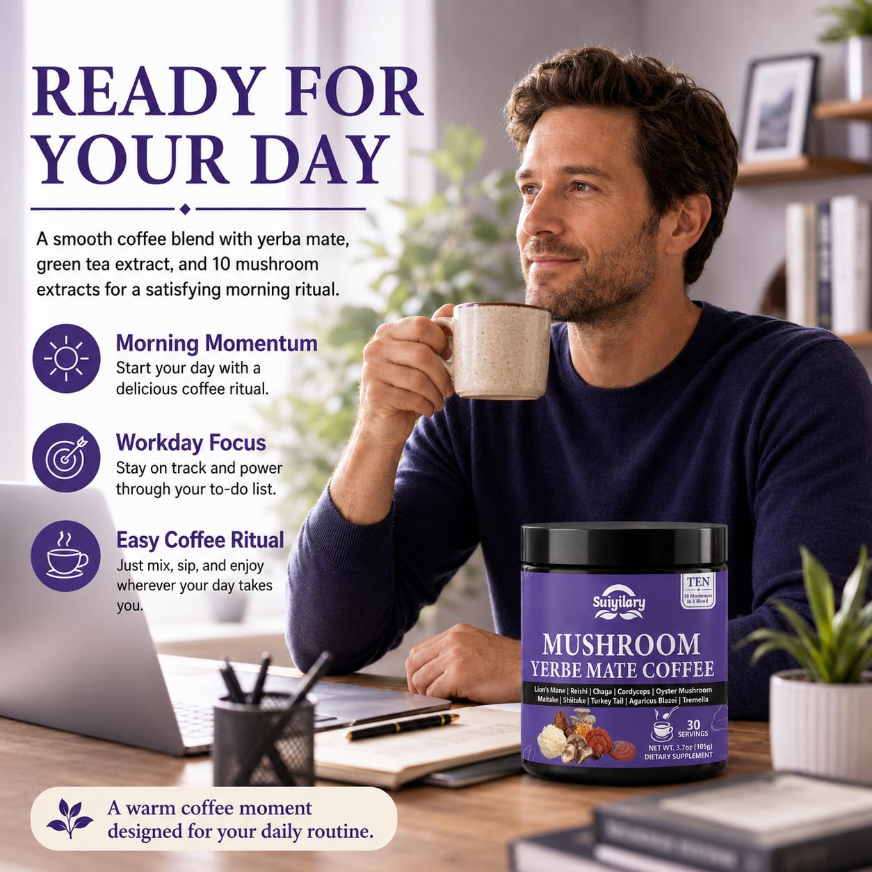 Suiyilary 10 Mushroom Coffee with Arabica, Lion's Mane, Yerba Mate Powder, 3.7 oz, 30 Servings