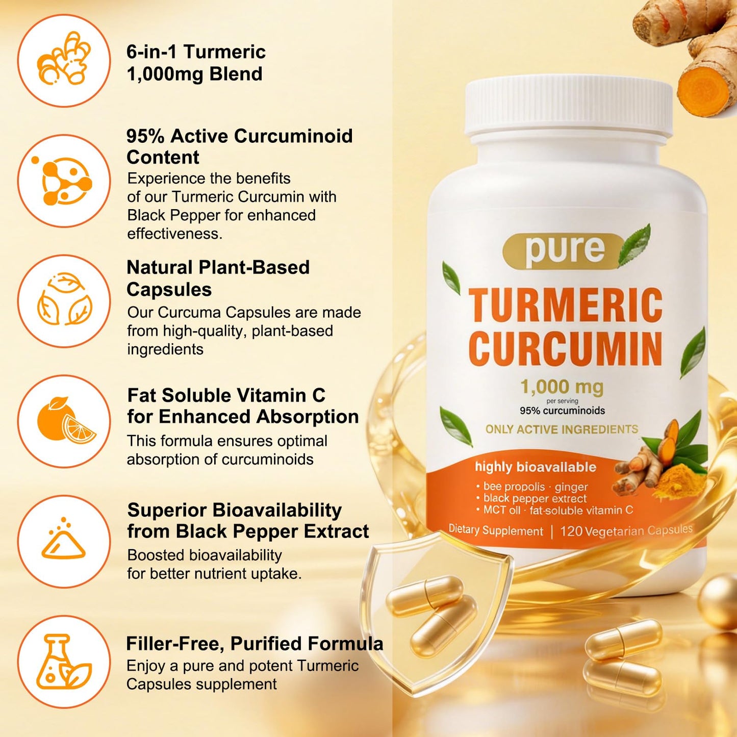 Tnaasmais Turmeric Curcumin Supplement 1000mg with Black Pepper Extract High Absorption 95% Curcuminoids Gluten Free Capsules 120 Capsules