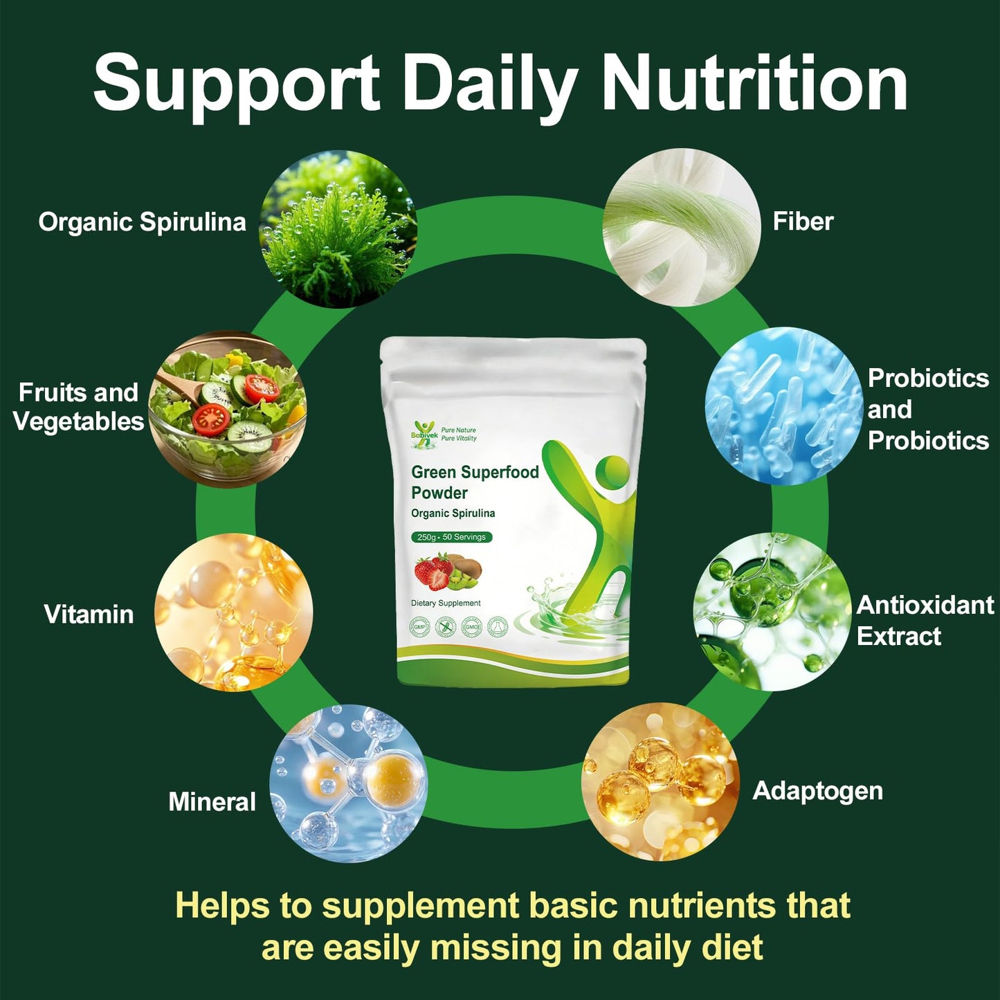 Babivek Spirulina Powder USDA Organic Strawberry Kiwi Flavor Super Green Superfood, 8.82 Ounce