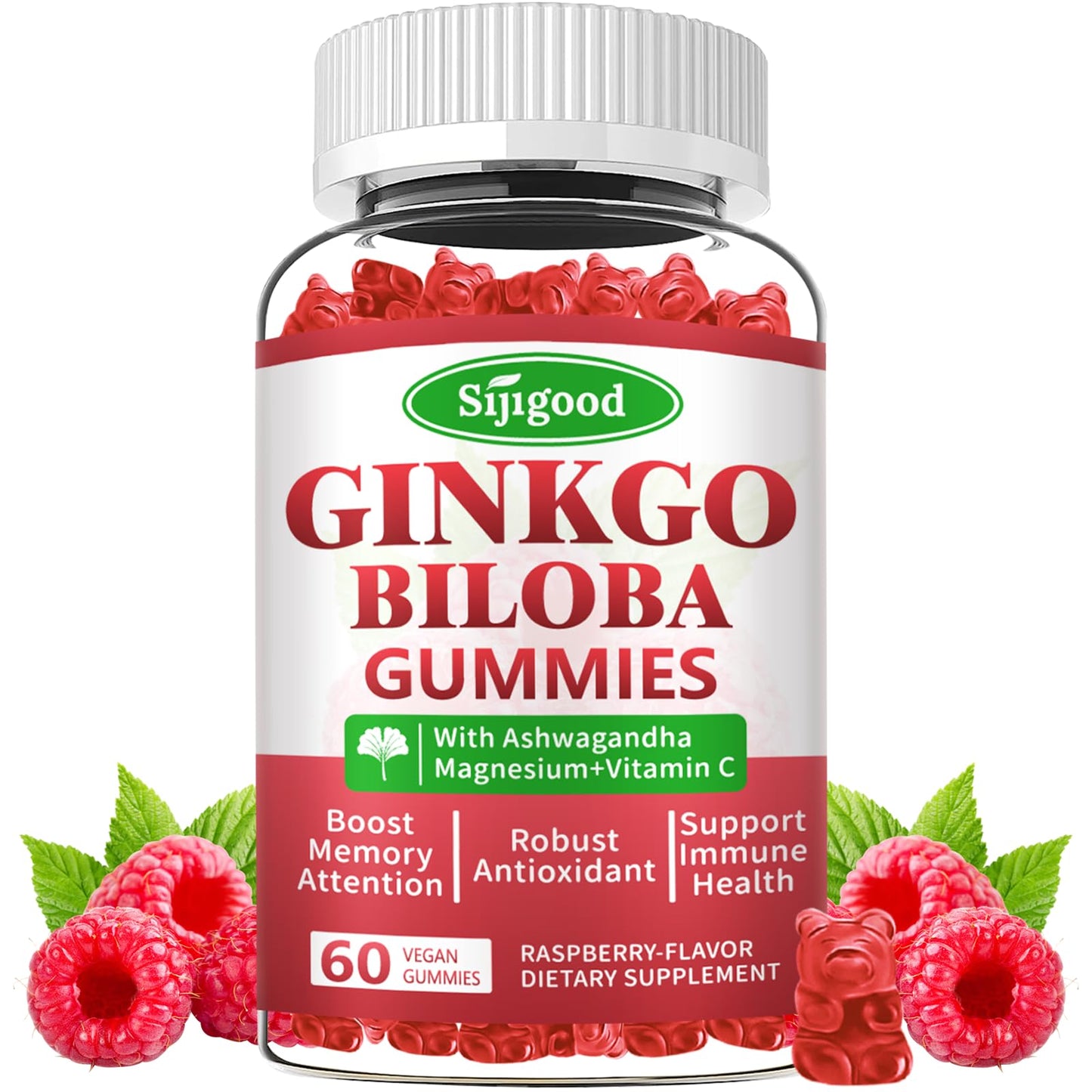 Sijigood Ginkgo Biloba Gummies with Panax Ginseng and Magnesium, Gummy, 60 Count
