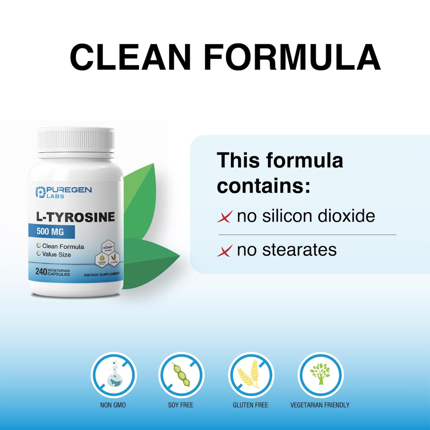 P Puregen Labs L-Tyrosine 500 mg Vegetable Capsules, 240 Count