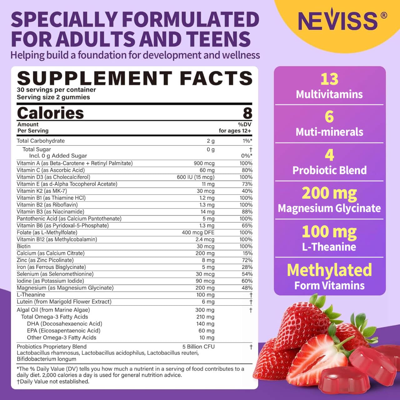 NEVISS Teen Vitamins Methylated Multivitamin Gummies for Girls & Boys 12-17, 60 Count