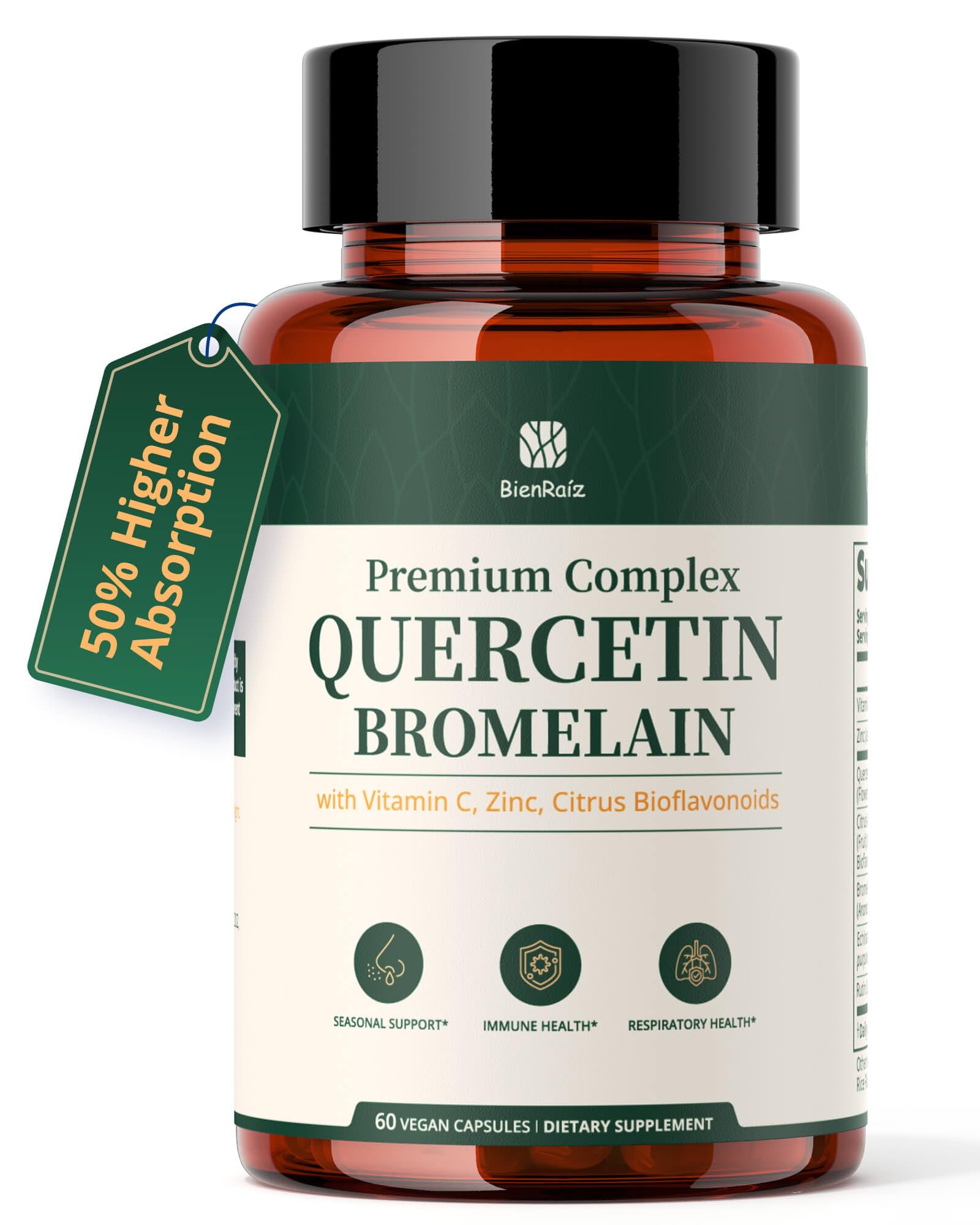 BienRaíz Quercetin 600mg with Bromelain, Vitamin C & Zinc - 7 in 1 Immune Support for Respiratory Health & Seasonal Wellness Capsule 60 Capsules