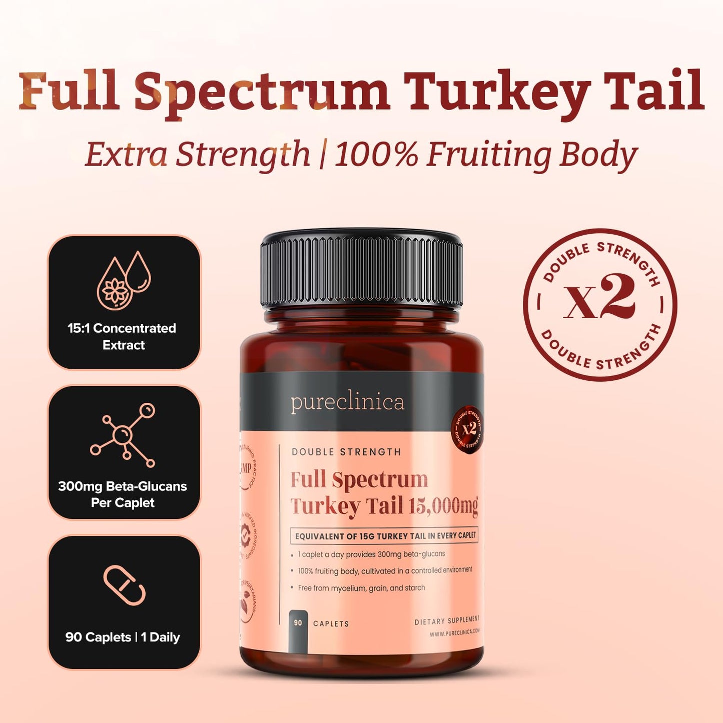 Pureclinica Full Spectrum Turkey Tail Mushroom 1,000mg per Caplet Tablet, 90 Count