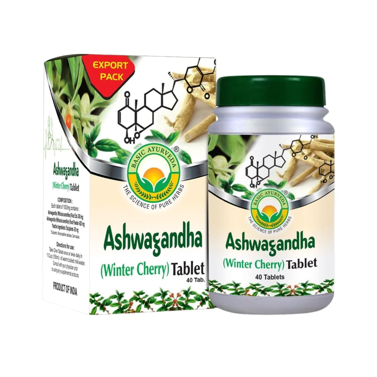 BASIC AYURVEDA Ashwagandha Root Extract Tablets 1000mg, 40 Count