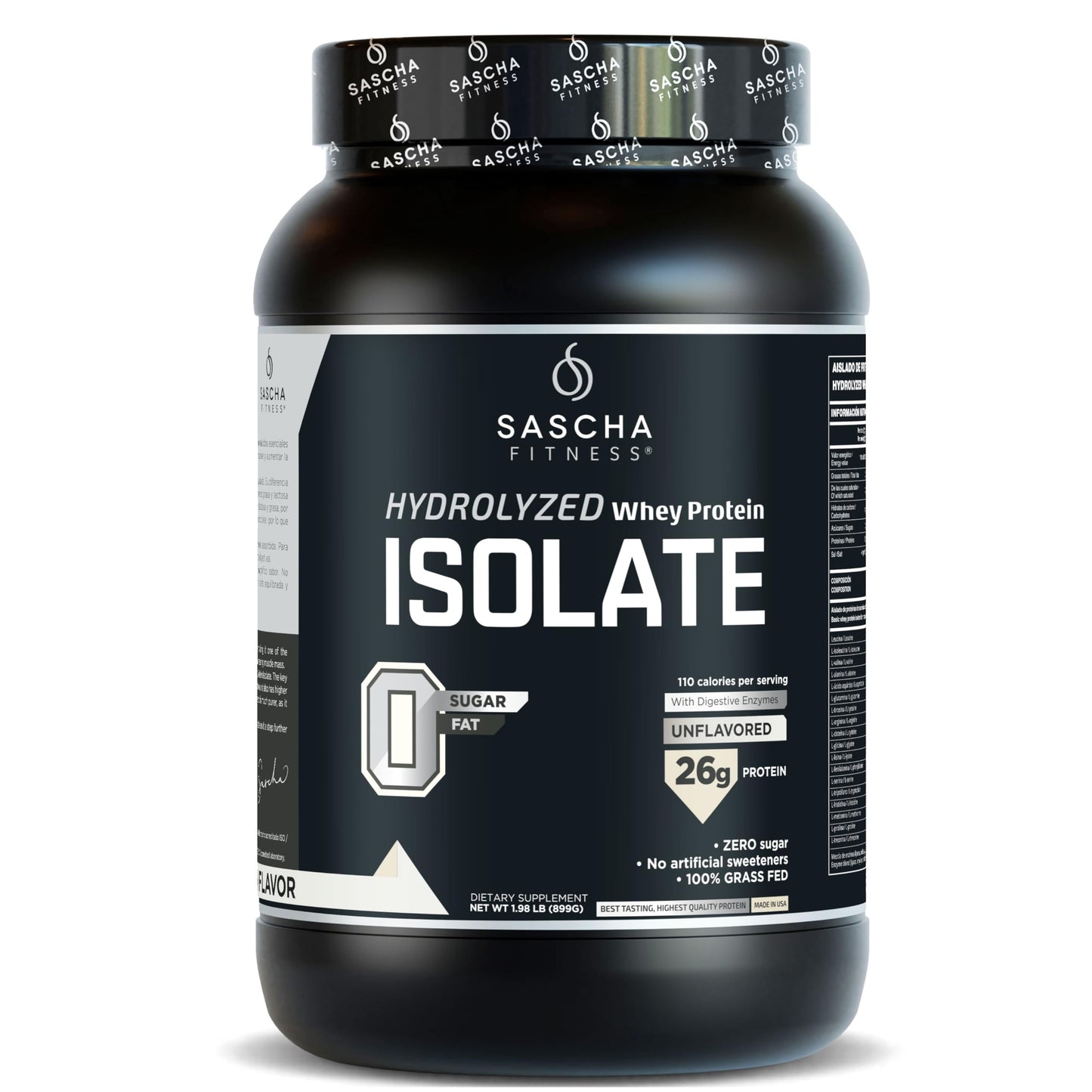 SASCHA FITNESS Hydrolyzed Whey Protein Isolate Powder, 100% Grass-Fed, Unflavored, 1.98 lb