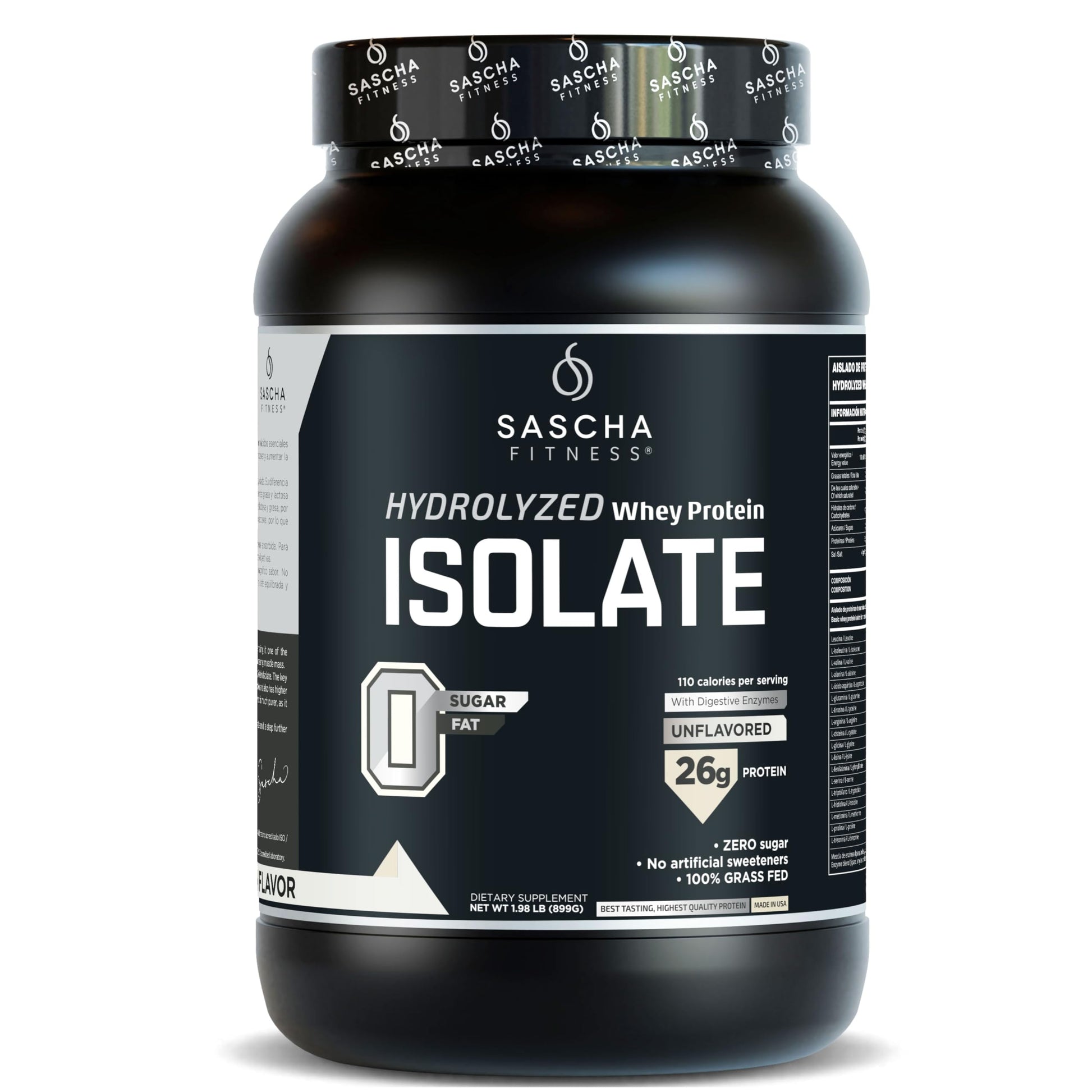 SASCHA FITNESS Hydrolyzed Whey Protein Isolate Powder, 100% Grass-Fed, Unflavored, 1.98 lb
