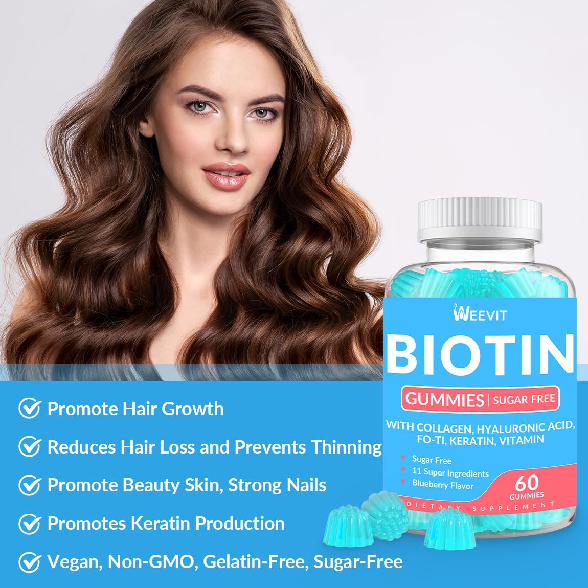 WEEVIT Biotin Gummies Sugar-Free with Collagen, Keratin & Hyaluronic Acid for Hair, Skin & Nails, Vitamin B7 Supplement, Non-GMO, 120 Gummies