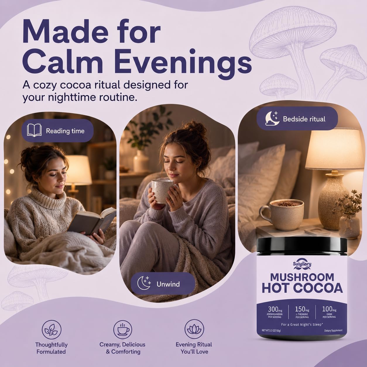 Suiyilary 10 Mushroom Hot Cocoa for Sleep Powder 5.3 oz