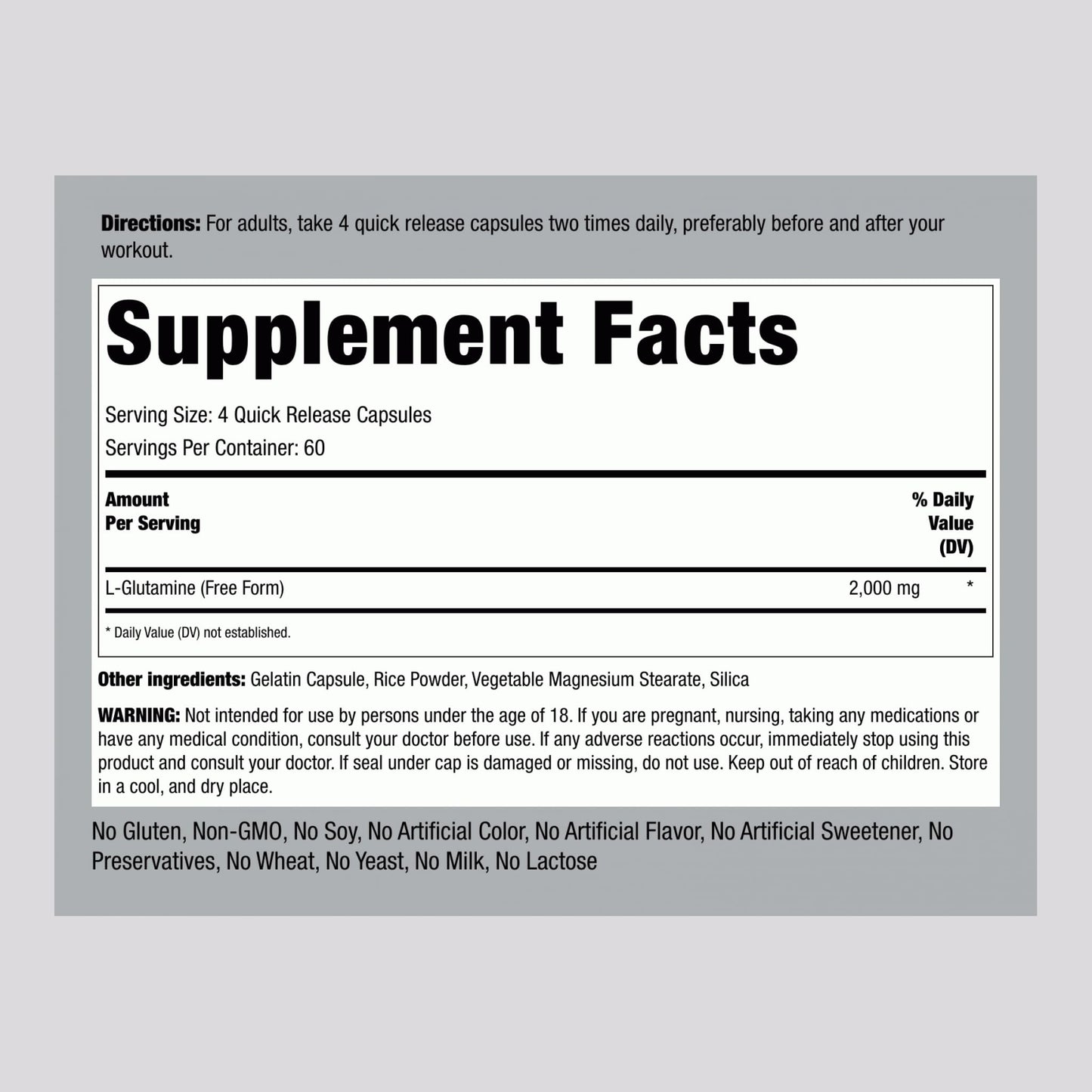 Piping Rock L-Glutamine Capsules, 2000 mg, 240 Capsules
