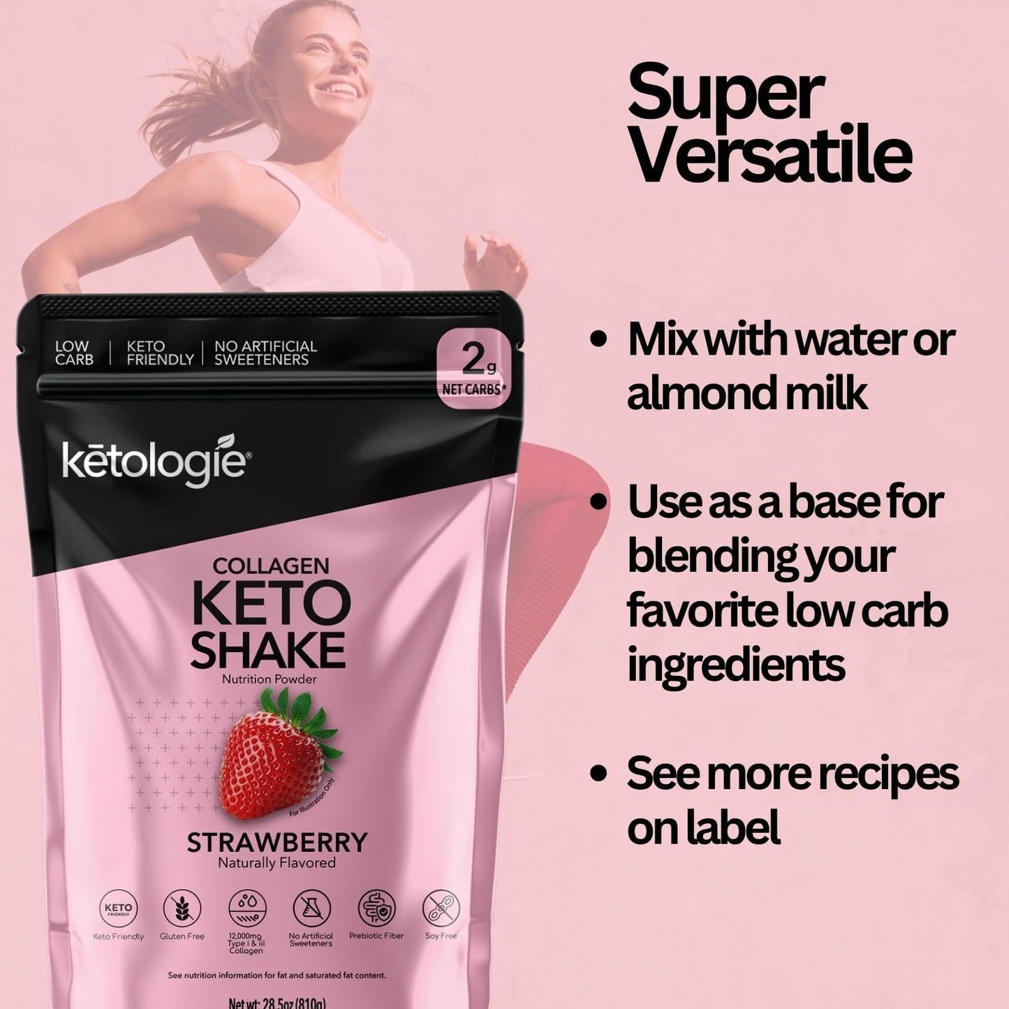 Ketologie Keto Collagen Shake Powder Strawberry 28.5