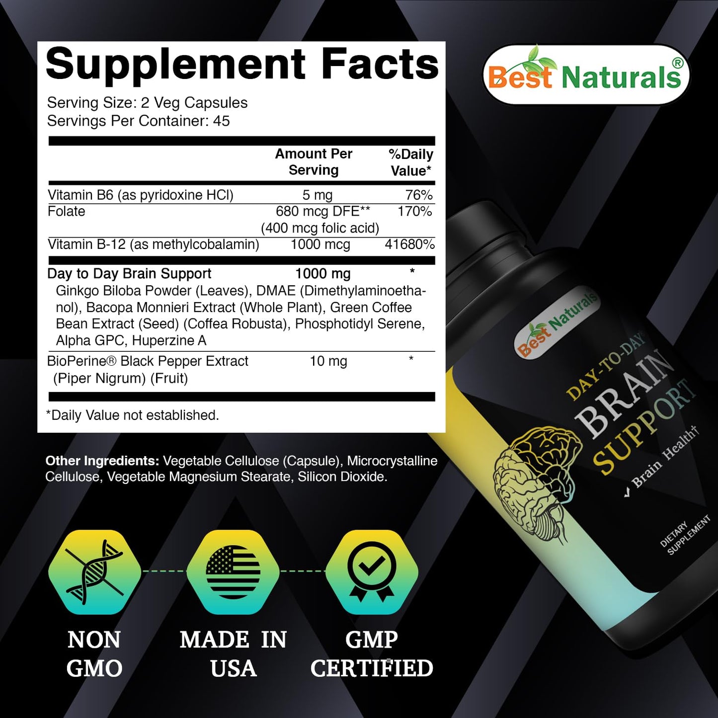 Best Naturals Day-to-Day Brain Support Supplement with Ginkgo Biloba, DMAE, Bacopa, Green Coffee, Phosphotidyl Serene, Alpha GPC, Huperzine A, Folate, B6, & B12, 90 Veg Capsules