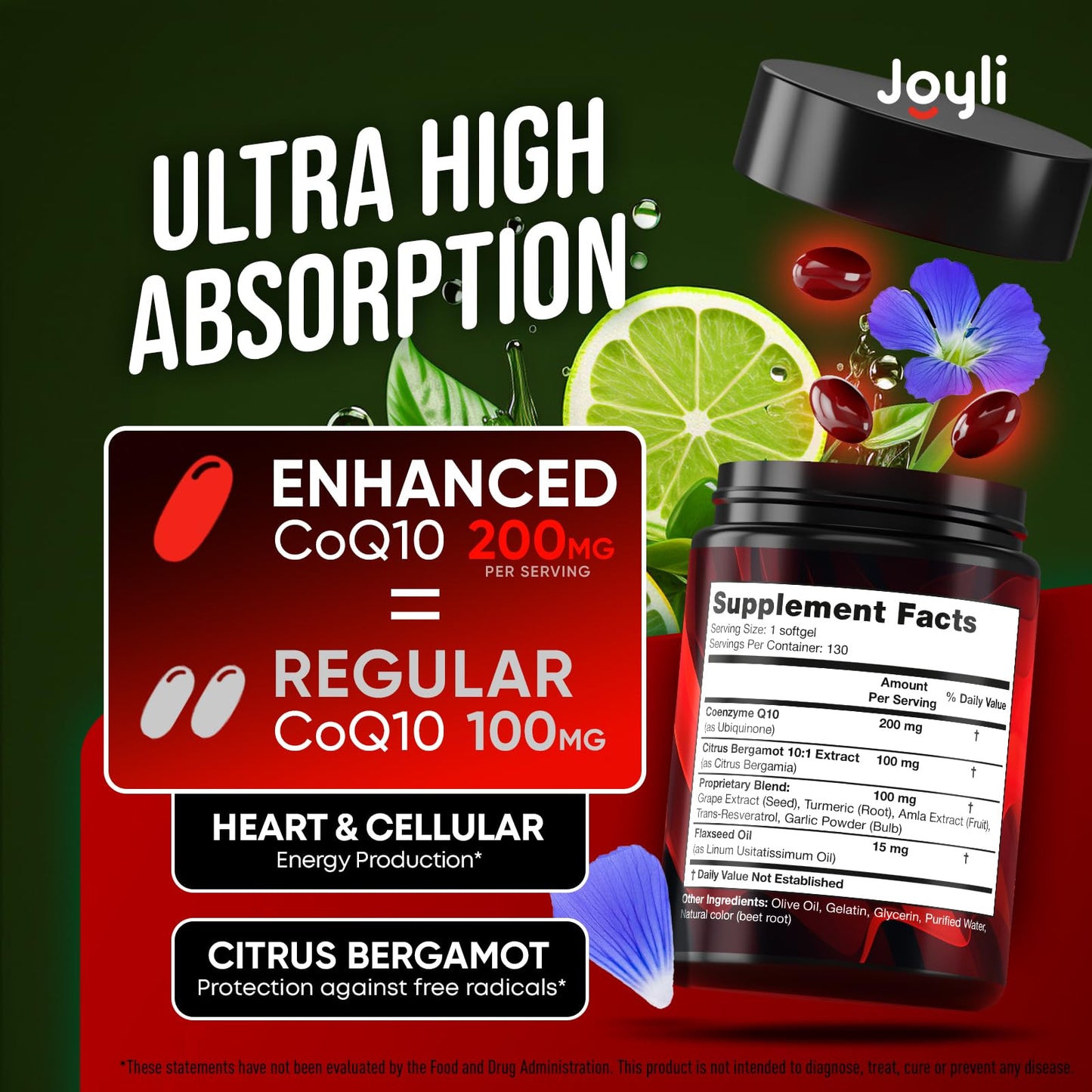JOYLI Nutrition High Absorption CoQ10 200mg Softgels, 130 Count
