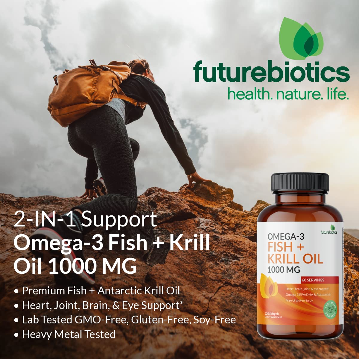 Futurebiotics Omega-3 Fish + Krill Oil 1000 mg Omega-3 EPA/DHA & Astaxanthin Softgels, 120-count