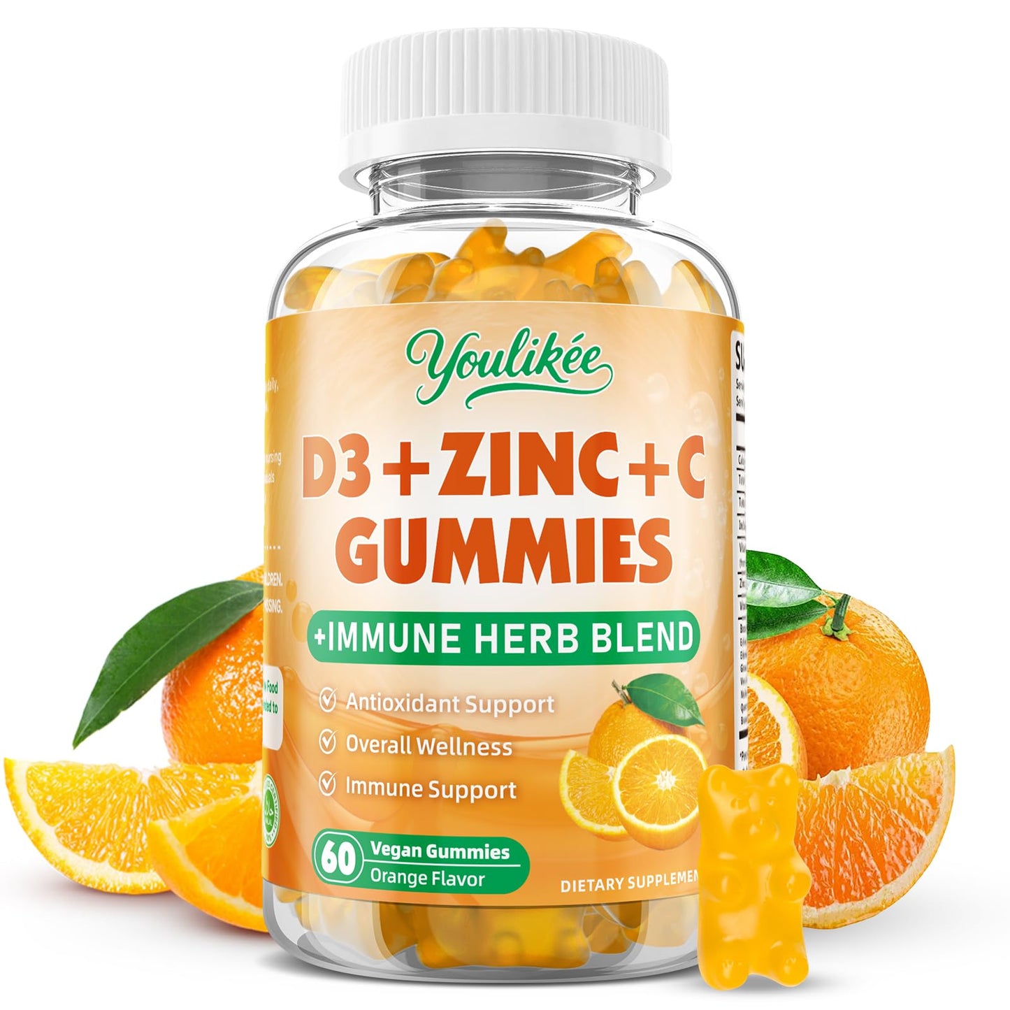 Youlikee Vitamin C + D3 + Zinc Gummies for Adults, 60 Count